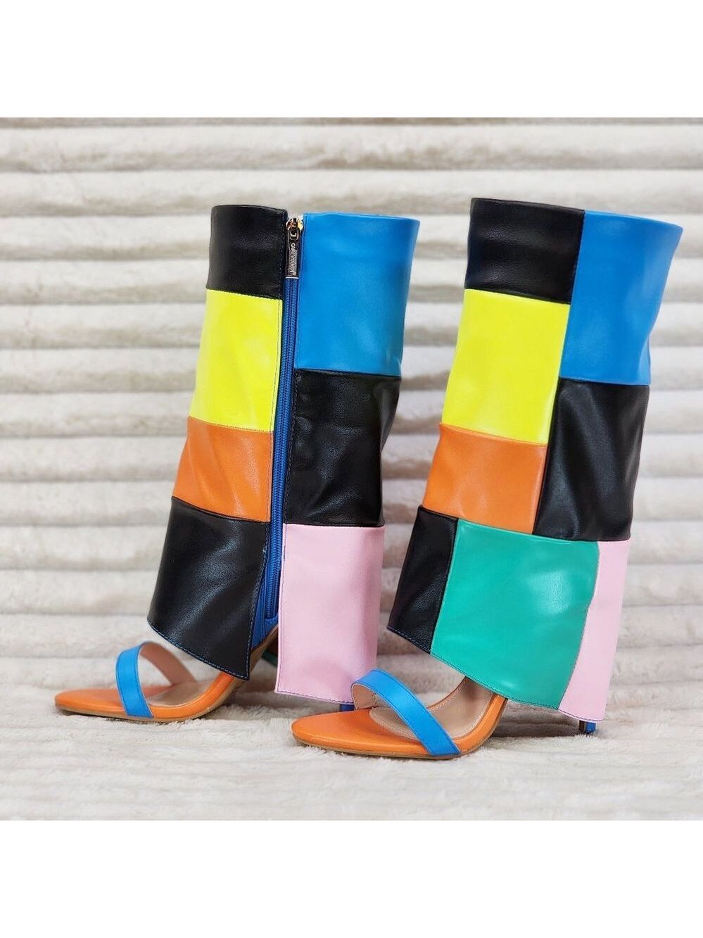 Paris Color Block Stiletto Fold Over Skirted Shootie Boot Sandals - Picture 3 of 15